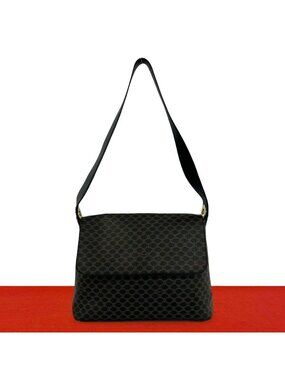 Celine Vintage Macadam Blason Triomphe Pattern Leather Shoulder Bag Black